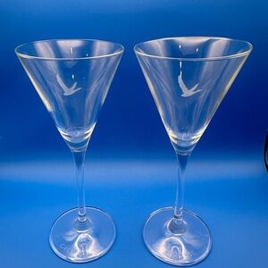 Grey Goose Martini Glasses Long Stem Etched Goose Set of 2 Etched Logo 7 1/2"